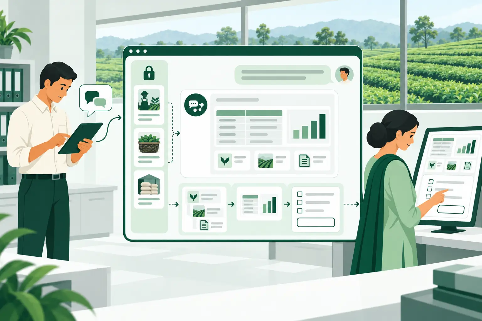 Illustration of a user requesting information from Assist and a colleague reviewing the prepared report and next steps.
