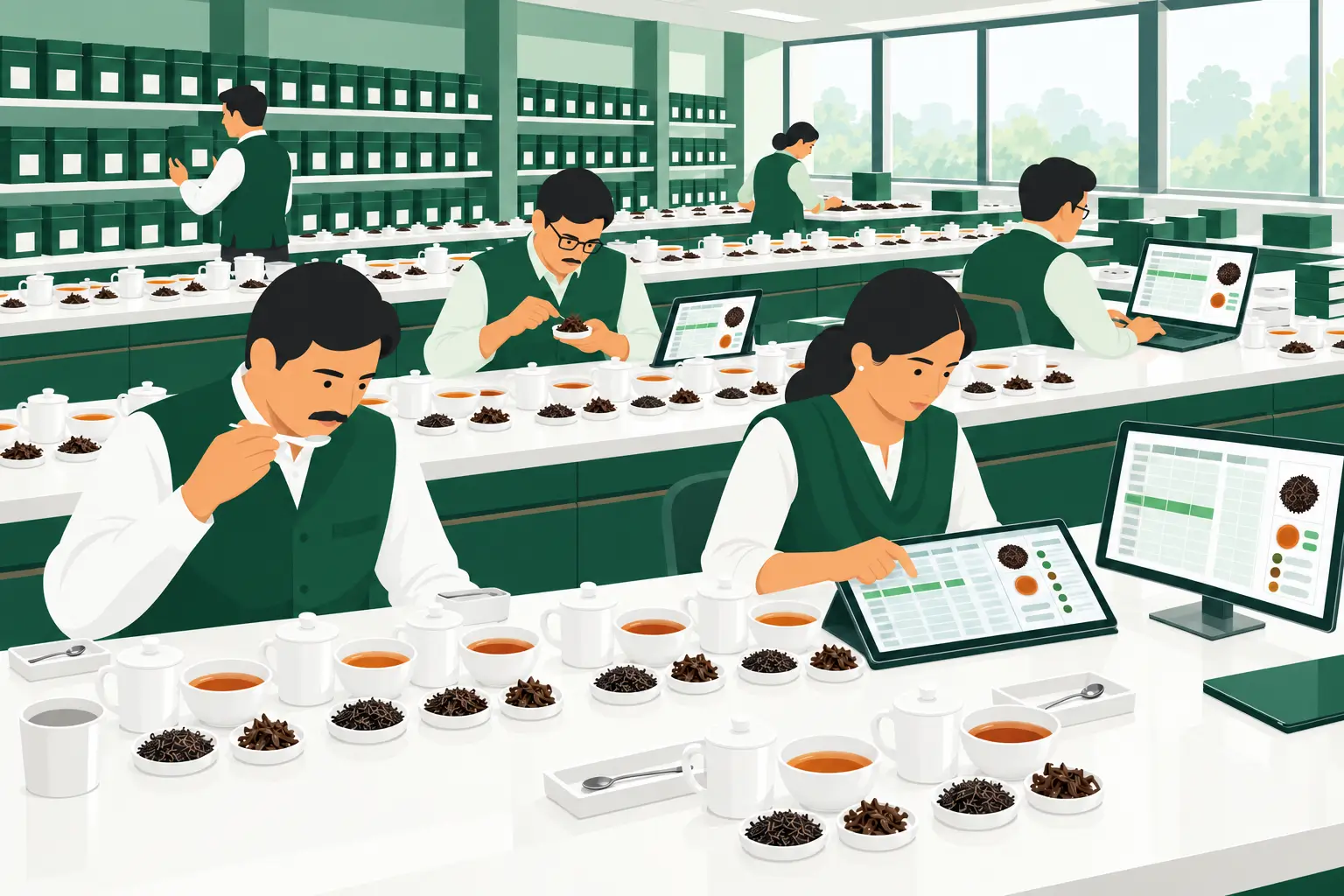 Illustration of tea professionals tasting samples and reviewing digital catalogue and tasting records.