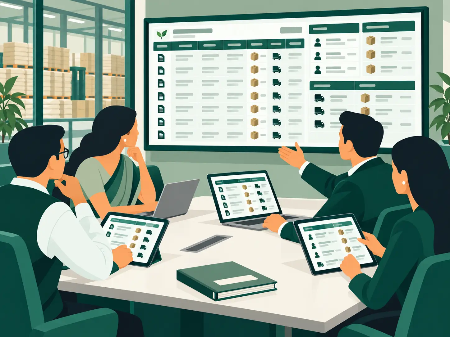 Illustration of a buying team reviewing purchasing and stock information on a shared display and personal devices.