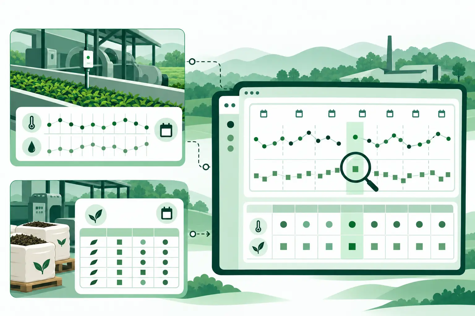 Illustration bringing sensor observations and production or quality records together for comparison over time.