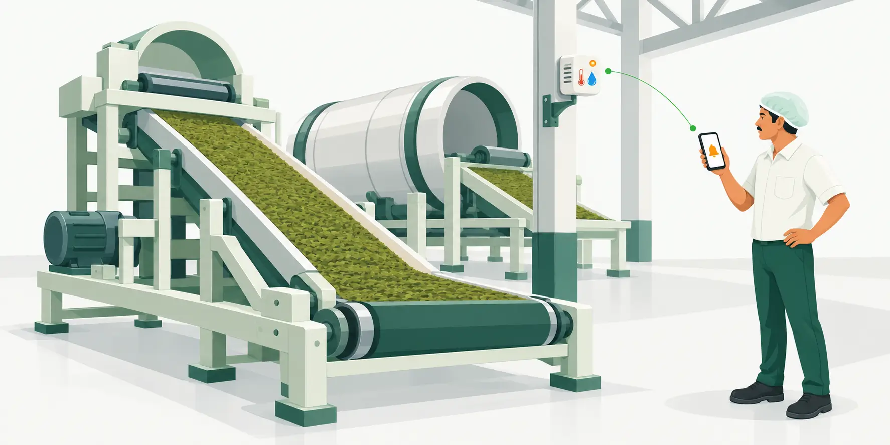 Illustration of tea-processing equipment, a temperature and humidity sensor, and an operator receiving a phone alert.