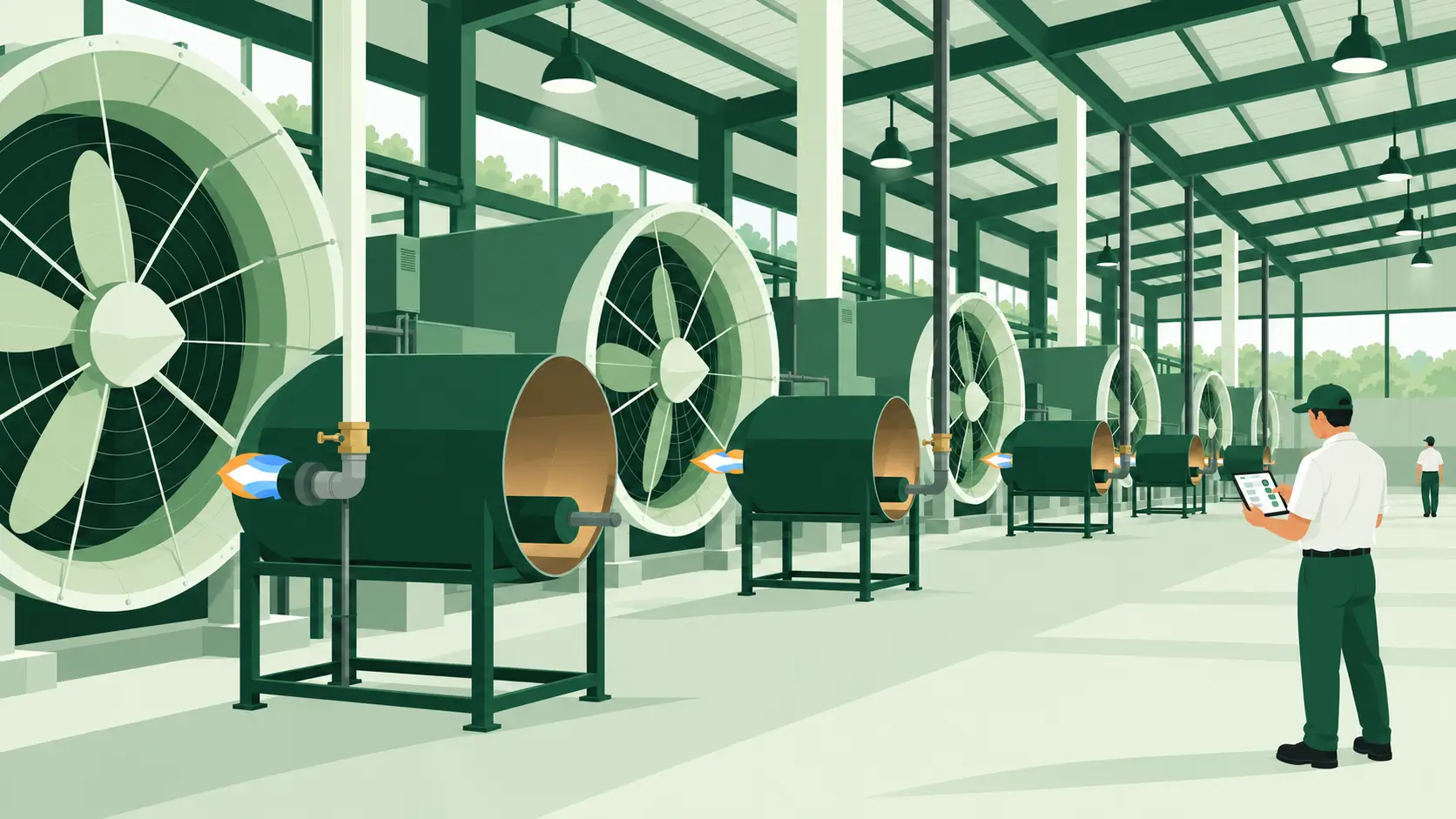 Illustration of an operator reviewing a tablet beside rows of factory air-handling equipment.