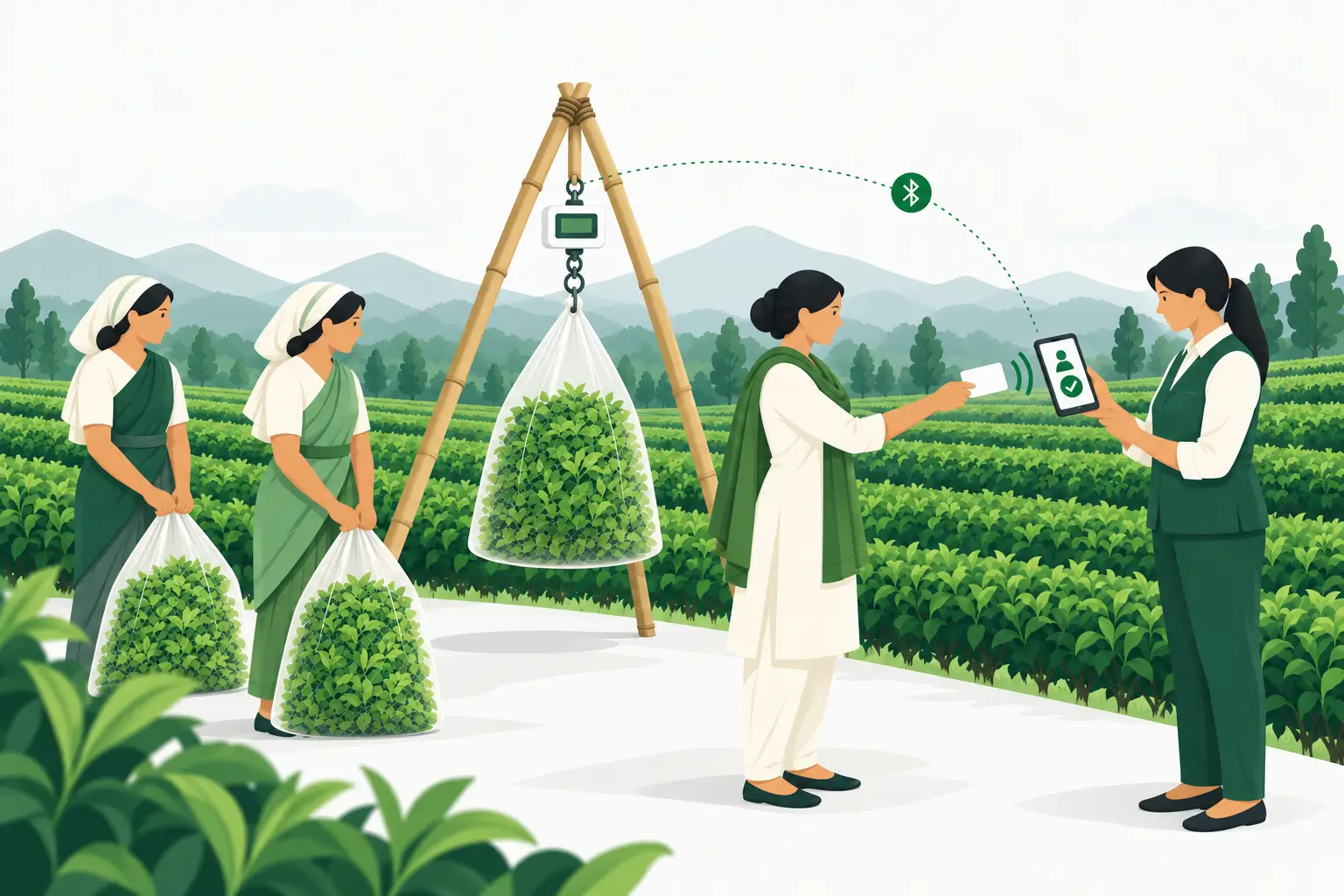 Illustration of a tea garden worker presenting a card to a supervisor beside green leaf weighing equipment.