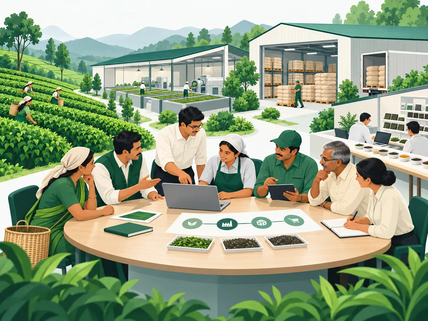Illustration of people discussing tea operations, with garden, factory, warehouse and tasting activities around them.