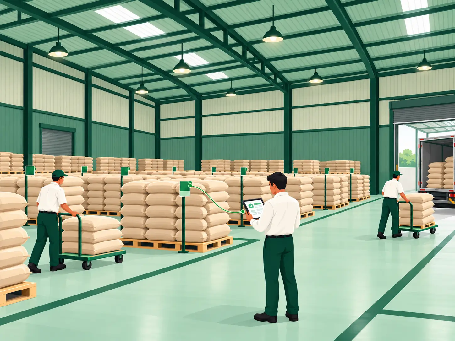 Illustration of warehouse staff moving sacks on trolleys while a colleague reviews lot records on a tablet.