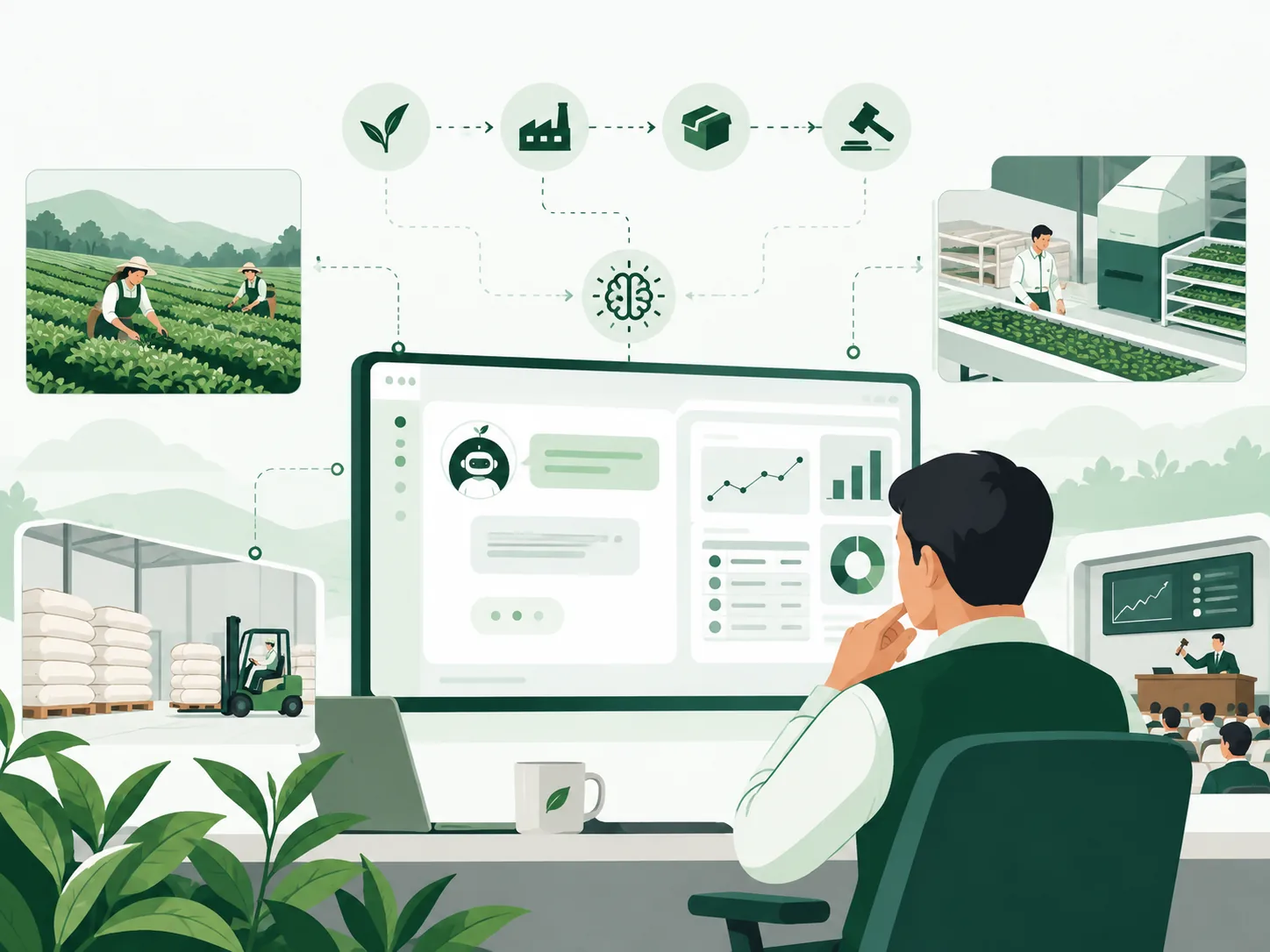 Illustration of a tea industry professional using an AI assistant to explore business data and reports.