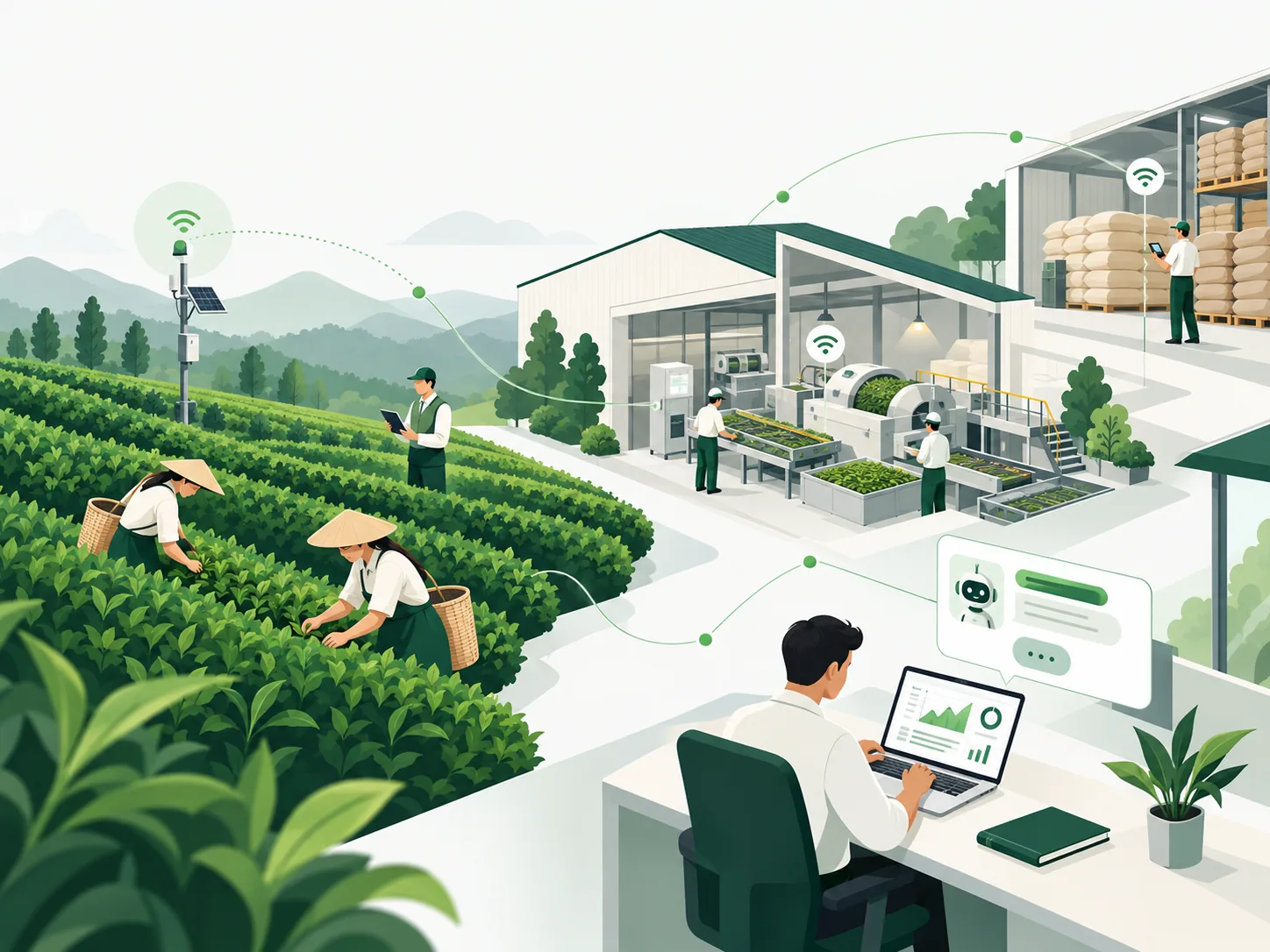 Illustration connecting tea cultivation, factory processing, warehousing and business analytics.